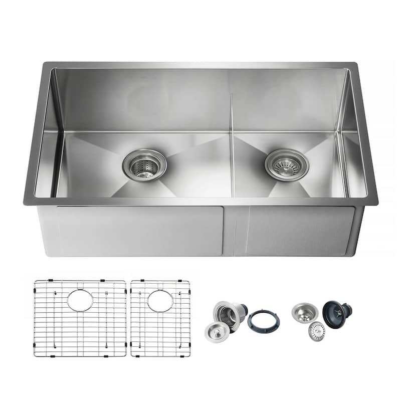 33 Inch Handcrafted Undermount Double Bowl Real 16 gauge Stainless Steel Kitchen Sink with Strainers and Grids