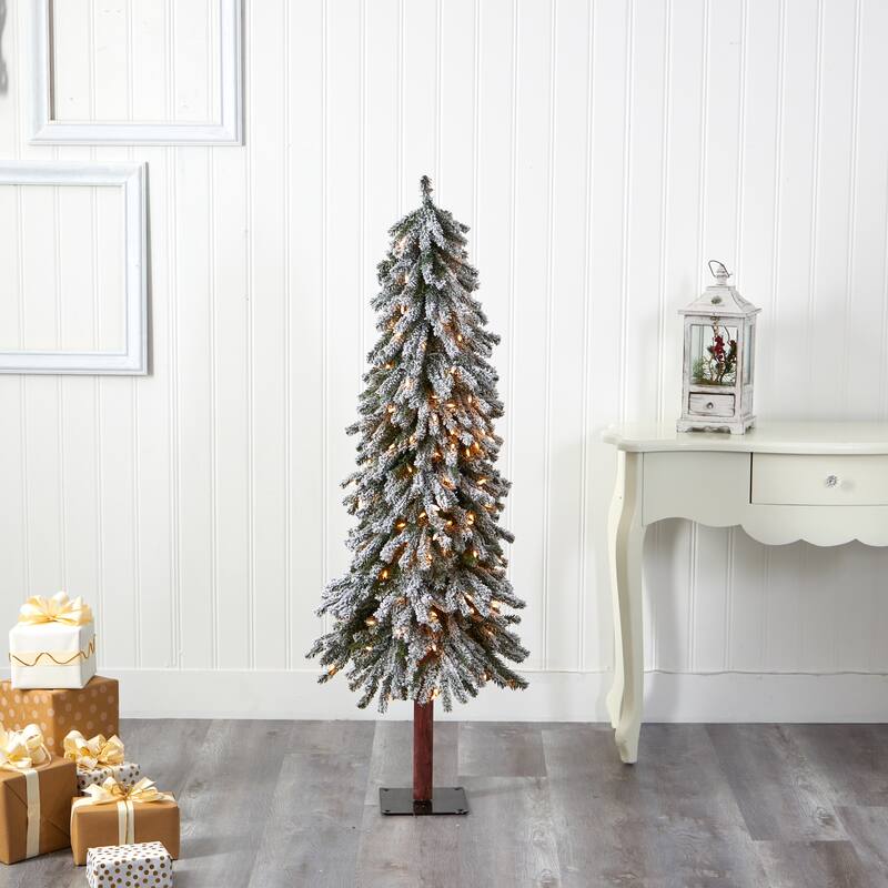 5’ Pre-Lit Flocked Grand Alpine Artificial Christmas Tree, Warm Clear LED Lights - 5 Foot