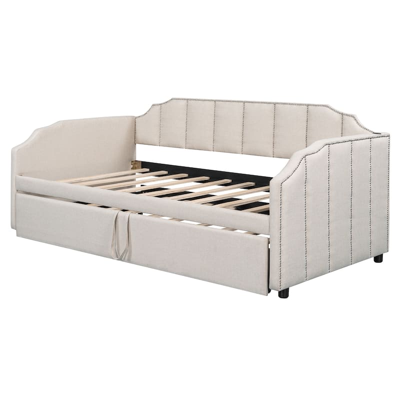 Twin Upholstered Daybed with Pop-Up Trundle, USB Charging Ports, Convertible Sofa Bed
