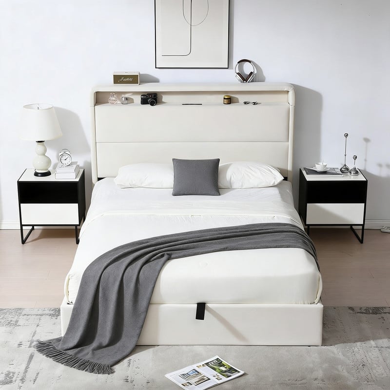 Upholstered Platform Bed With Charging Station & LED Lights