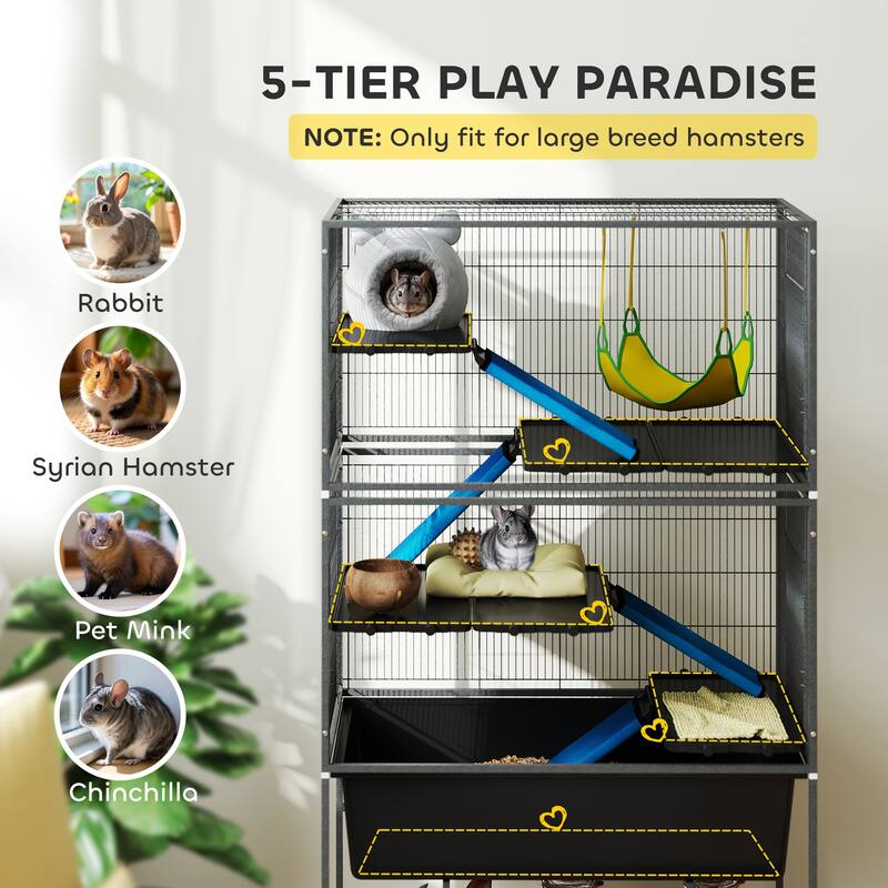 PawHut 59" 5-Level Small Animal Cage, Rolling Ferret Chinchilla Cage with Slide Out 6.3" Deep Tray, Dark Gray
