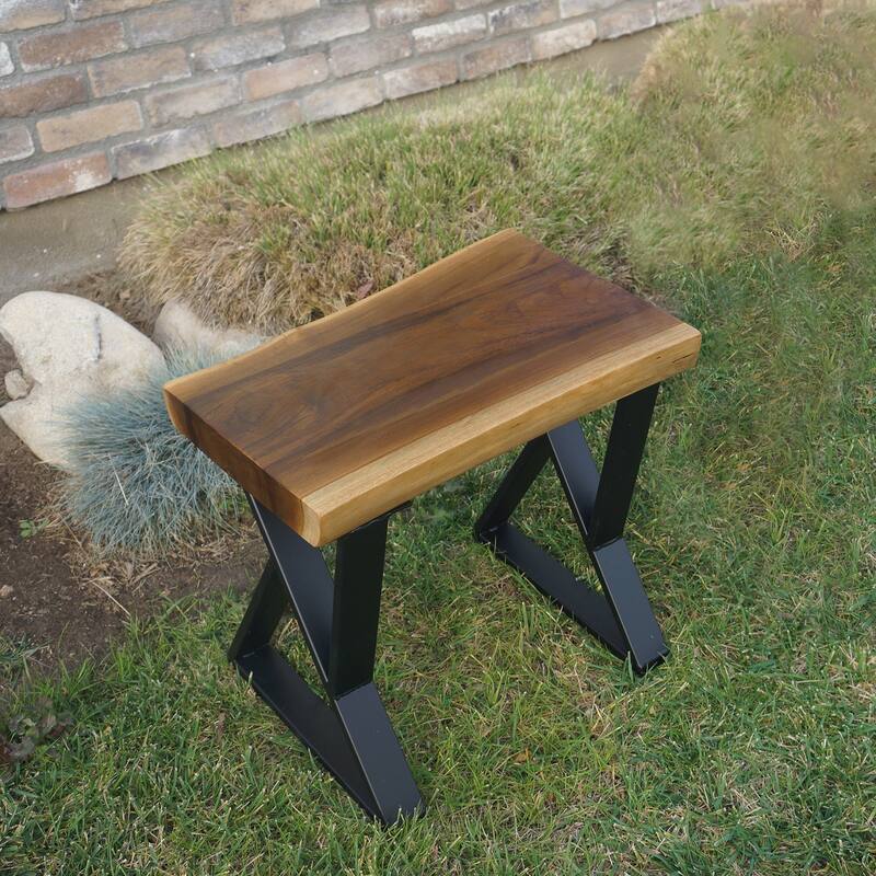 Greenage Pieced Teak Rectangle Bench Rustic Metal Seating Chair