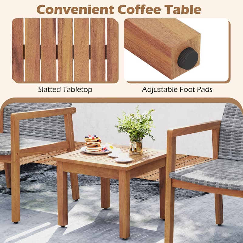 Gymax 3 Pieces Outdoor Furniture Set Acacia Wood Frame Sofa Set w/