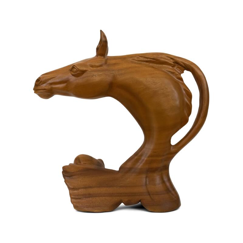 17" Wooden Solid Hand Carved Horse Head Abstract Sculpture Art Statue Handcrafted Handmade Home Decor Accent Wood Decoration