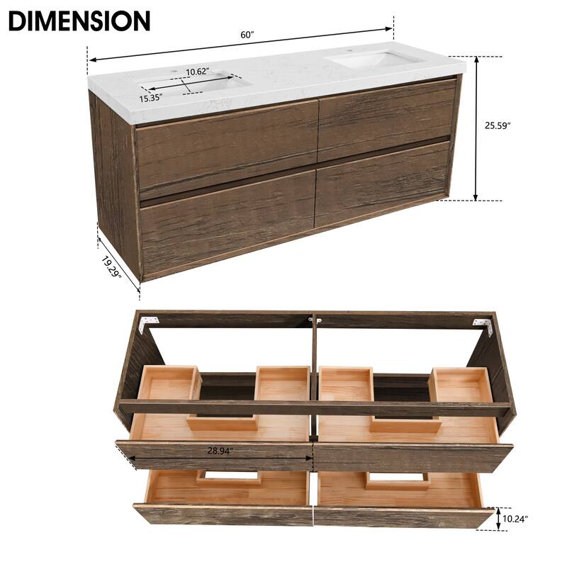 24"30"36"48"60"72" Floating Bathroom Vanity Engineered Stone Top with Rectangular Ceramic Undermount Sink