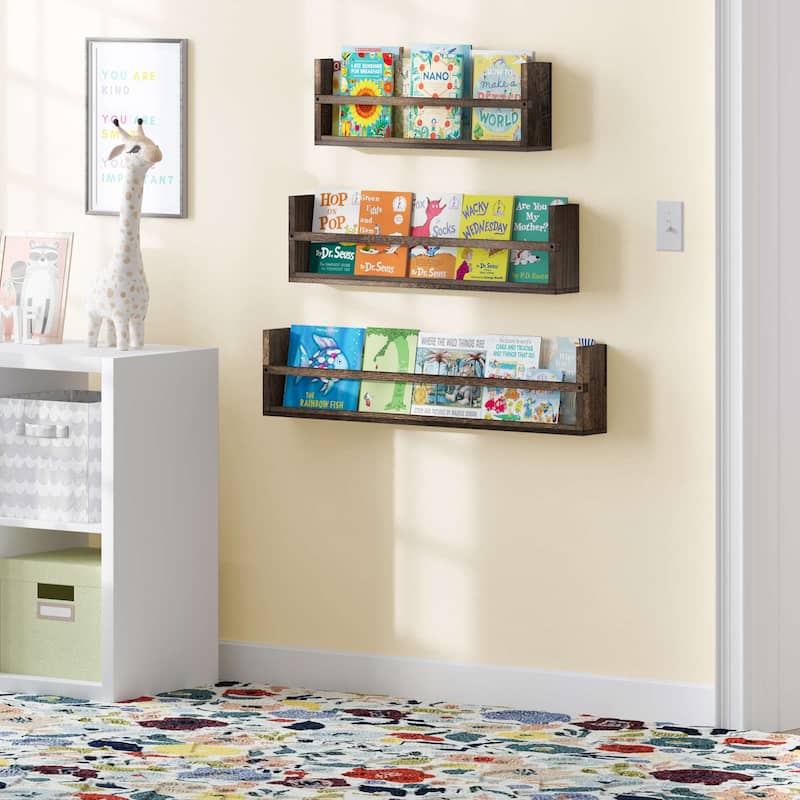 Wallniture Polynez Rustic Wood Floating Shelf, Set of 3, 24-30-36 inches Multisize Wall Shelves, Wall Mounted Shelving for Books