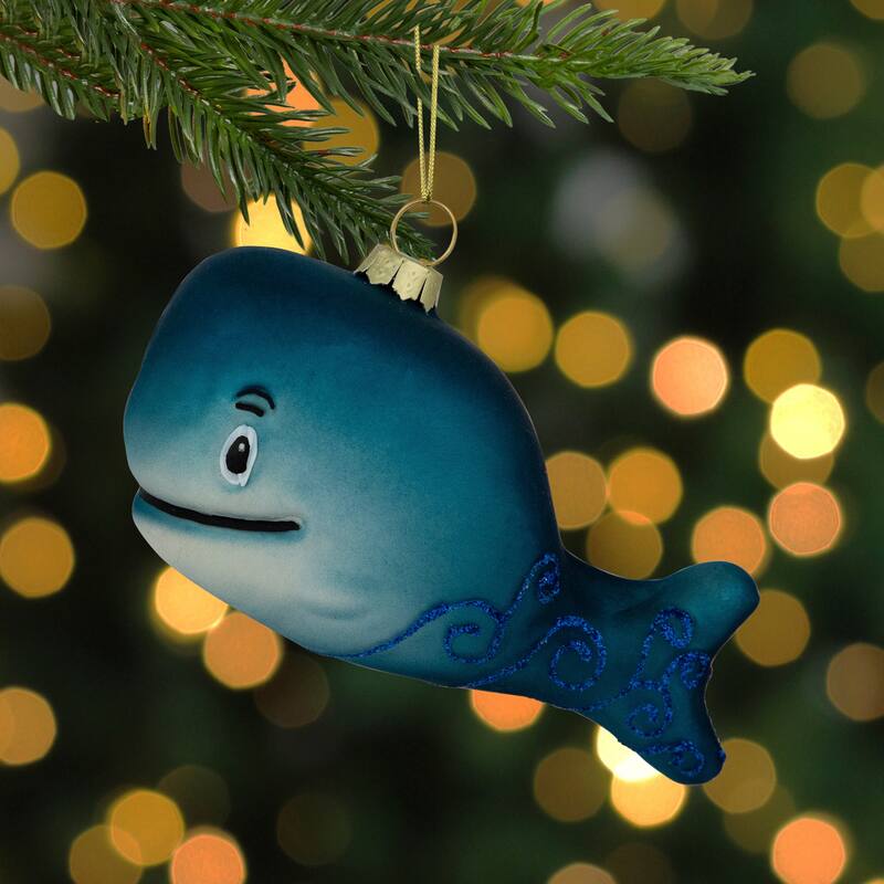 Glittered Whale Glass Christmas Ornament - 4" - Teal Blue - 2.5"