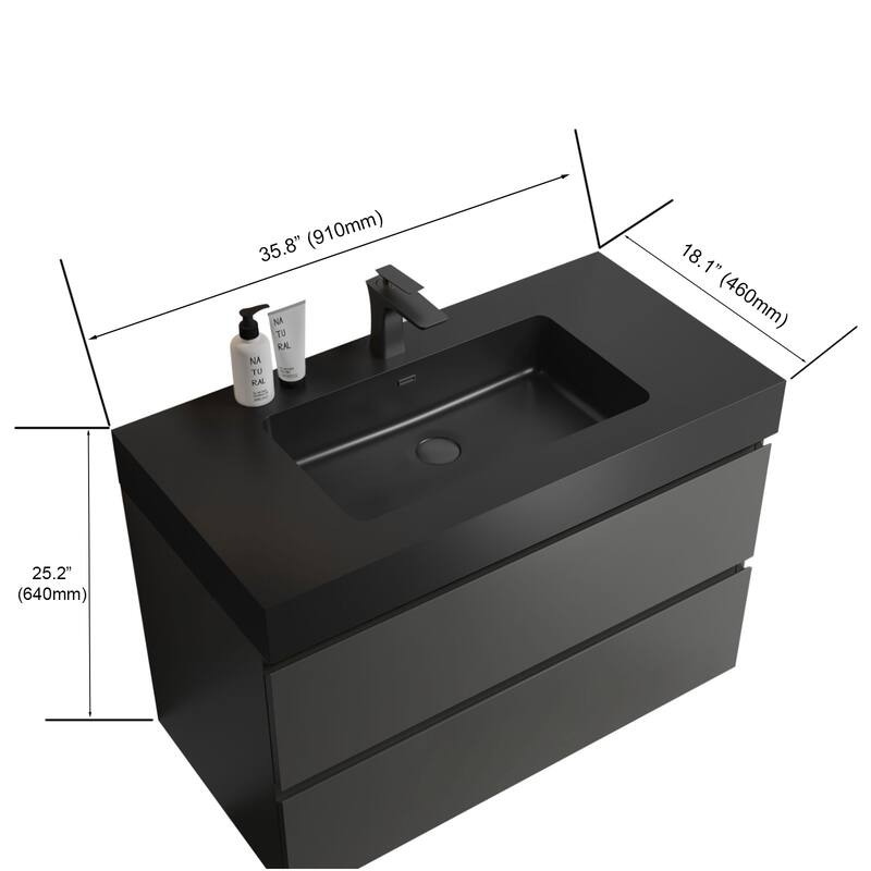 36"Bathroom Vanity with Sink,Storage Wall Mounted Floating Bathroom Vanity,One-Piece Black Sink Basin without Drain and Faucet