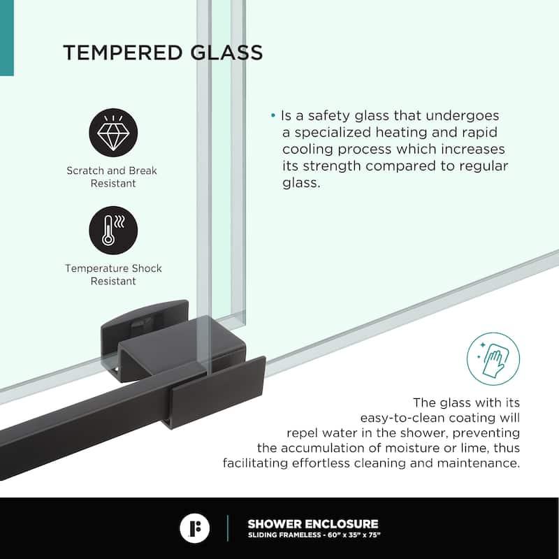 Fine Fixtures Frameless Shower Enclosure Sliding Shower Glass Door - Tempered Glass