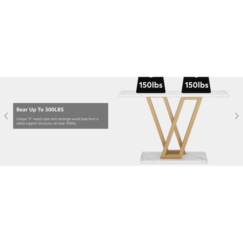 43"Modern Gold Console Table with Faux Marble Top, Narrow Entryway Table with V-Leg Metal Frame, Slim Sofa Table for Hallway