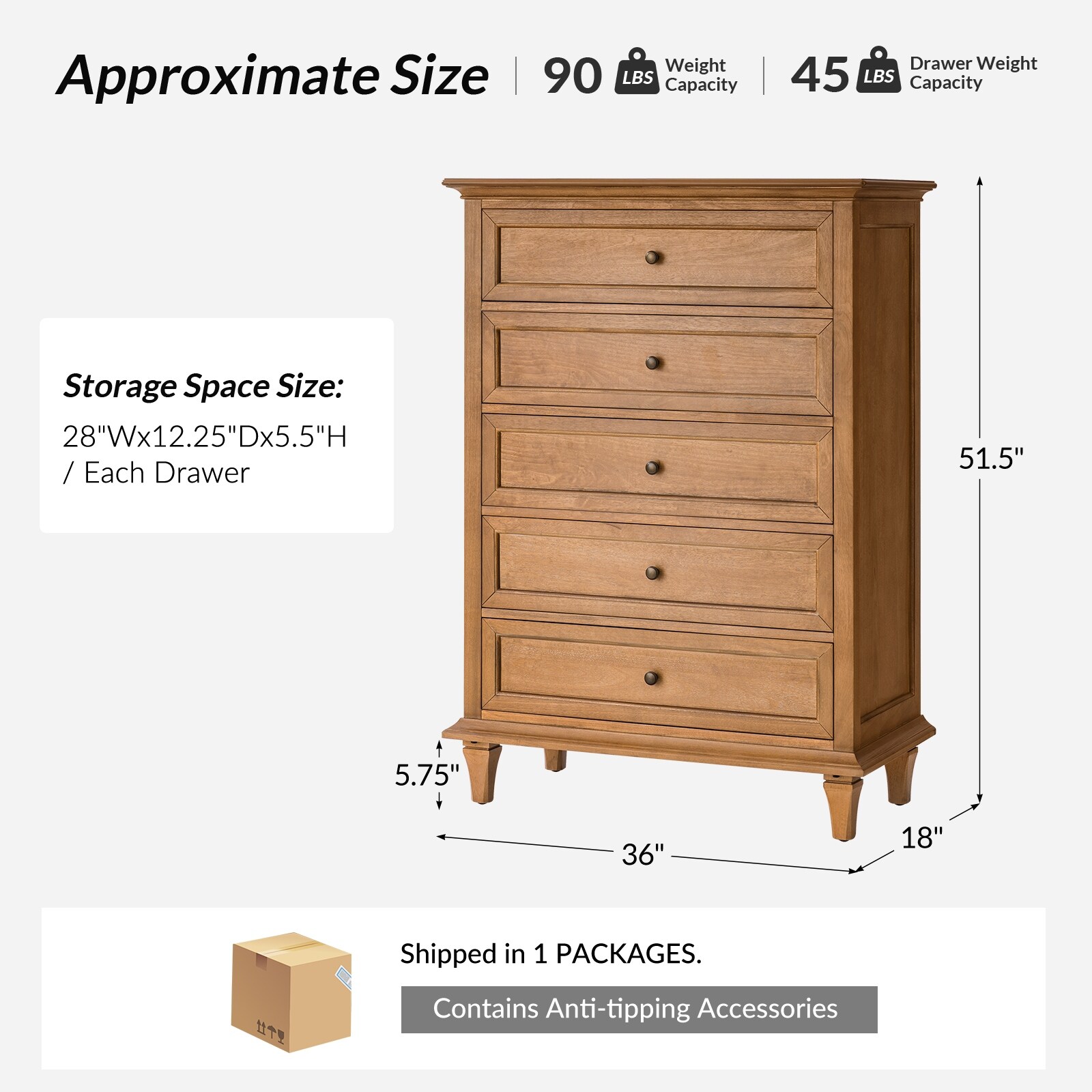 Fabien Transitional 36"W 5-Drawer Dresser with Knife-edge Top Panel and  Solid Wood Legs By HULALA HOME - Bed Bath & Beyond - 43312758