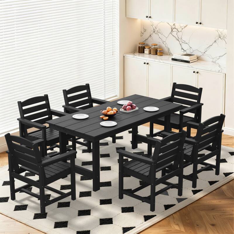 7-Piece HDPE Outdoor Dining Table Sets with Umbrella Hole - 1-Table 6-Chairs