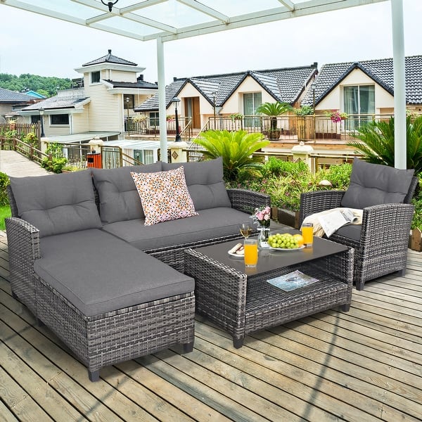 slide 2 of 10, Costway 4PCS Patio Rattan Furniture Set Cushioned Loveseat Table Shelf - Grey - See Details Grey - See Details