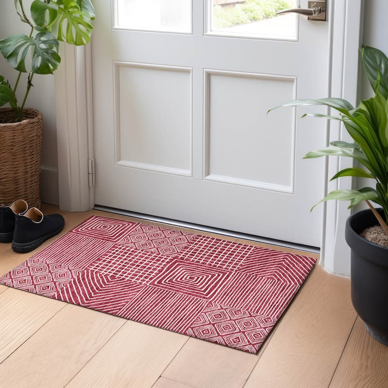 Machine Washable Indoor/ Outdoor Modern Mosaic Chantille Rug - Garnet - 1'8" x 2'6"