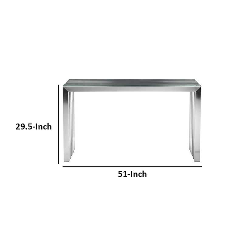Namo 51 Inch Console Table, Tempered Glass Top, Slatted Silver Metal Frame