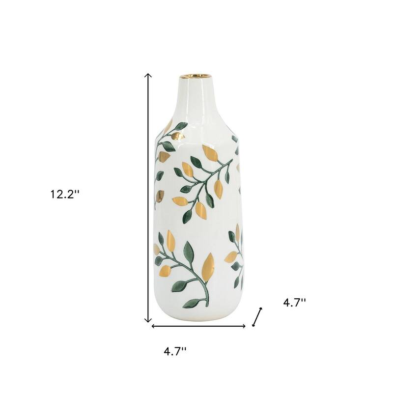 12" White Green And Gold Floral Leaf Bud Ceramic Table Vase - 4.70