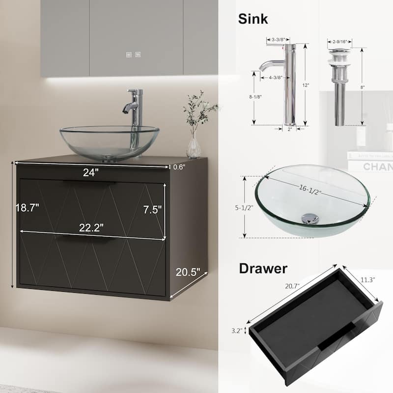 Modern Wall Mounted Bathroom Vanity Set with Vessel Sink & Faucet