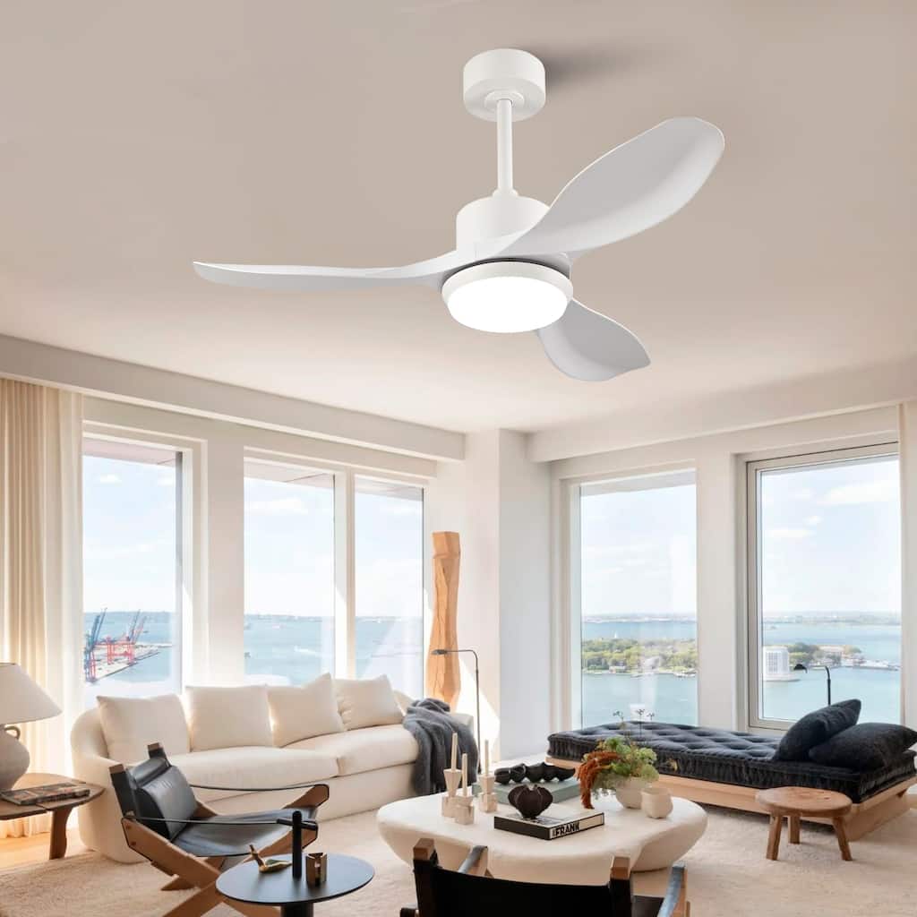 42-Inch Modern White Ceiling Fan With Light, Featuring 3 ABS Plastic Blades, Remote Control Operation - White Marble
