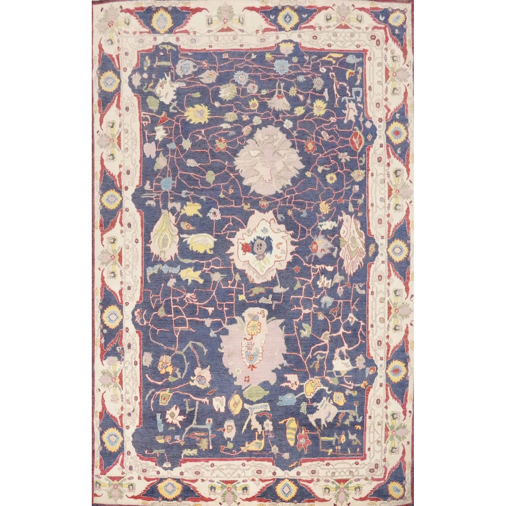 Hand Knotted Oriental 100% Wool Carpet Transitional Floral Navy Blue & Blues Oushak Area Rug - 13' 6'' X 10' 5''