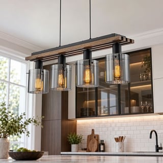 Modern 4-Light Linear Pendant Light with Smoky Gray Ribbed Glass Shades ...
