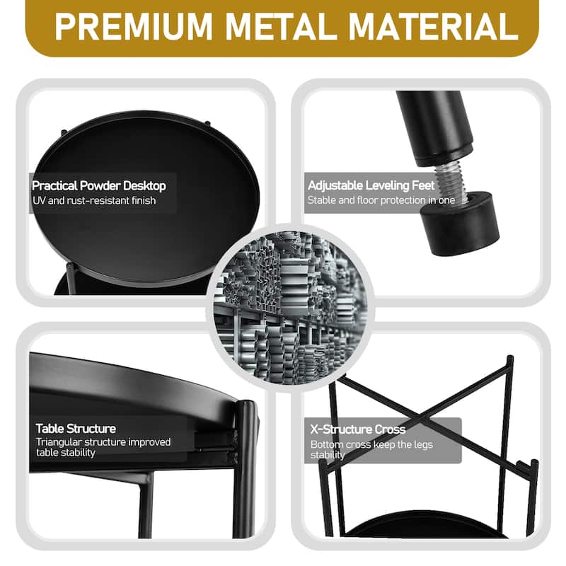 Black Metal 2-Tier Round End Coffee Table with Removable Trays and Adjustable Feet for Home or Patio - 17.3” x 17.3” x 20.5”