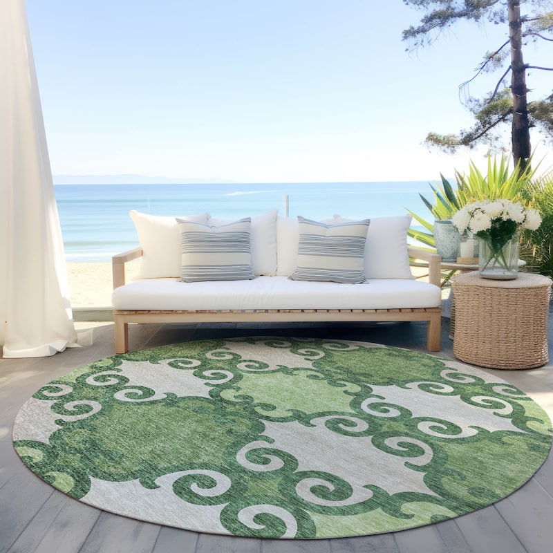 Machine Washable Indoor/ Outdoor Chantille Traditional Scroll Rug - Green - 8' x 8'
