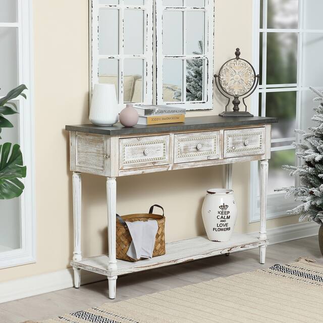 Farmhouse Distressed Wood and Metal 3-Drawer Console Table