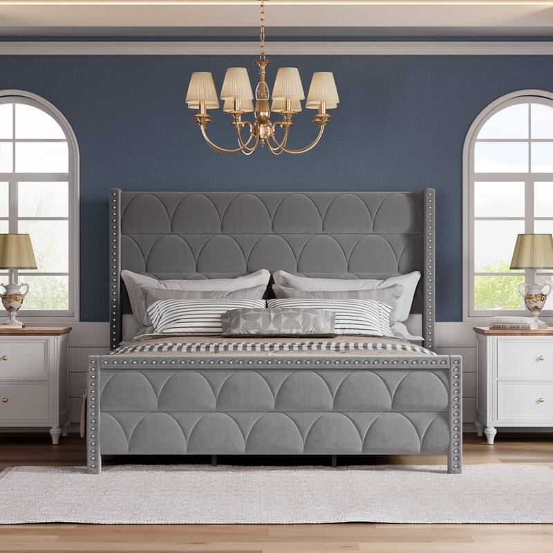 Hansabenne King Size Upholstered Platform Bed Frame Velvet Wood Bed Frame with Headboard