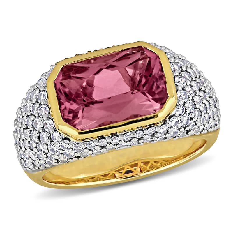 Miadora 3 5/8ct TGW Octagon-Cut Pink Tourmaline 1 1/3ct TDW Diamond Signet Ring in 14k Yellow Gold
