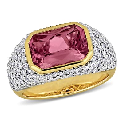 Miadora 3 5/8ct TGW Octagon-Cut Pink Tourmaline 1 1/3ct TDW Diamond Signet Ring in 14k Yellow Gold