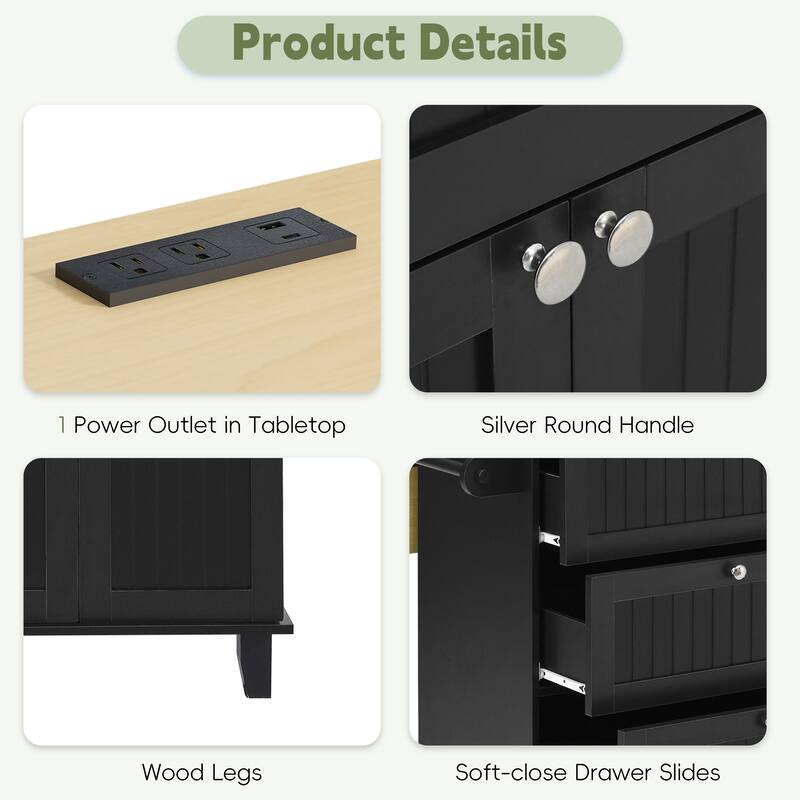 Roomfitters Farmhouse Kitchen Island Cart with Drop Leaf and 2 Stools, Power Outlet and Storage