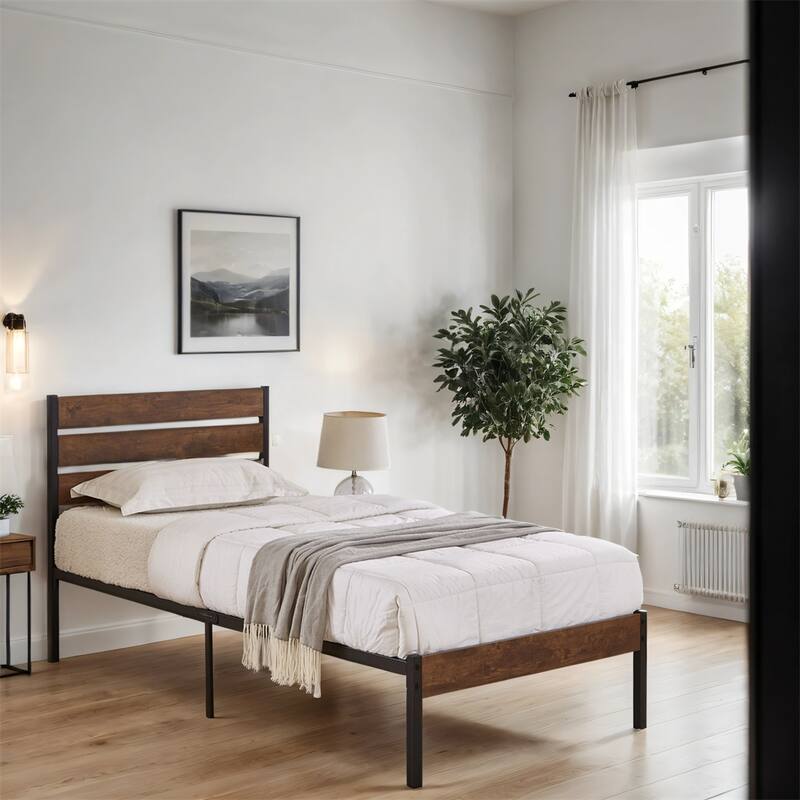 Wood Platform Bed Frame with Headboard and Metal Frame