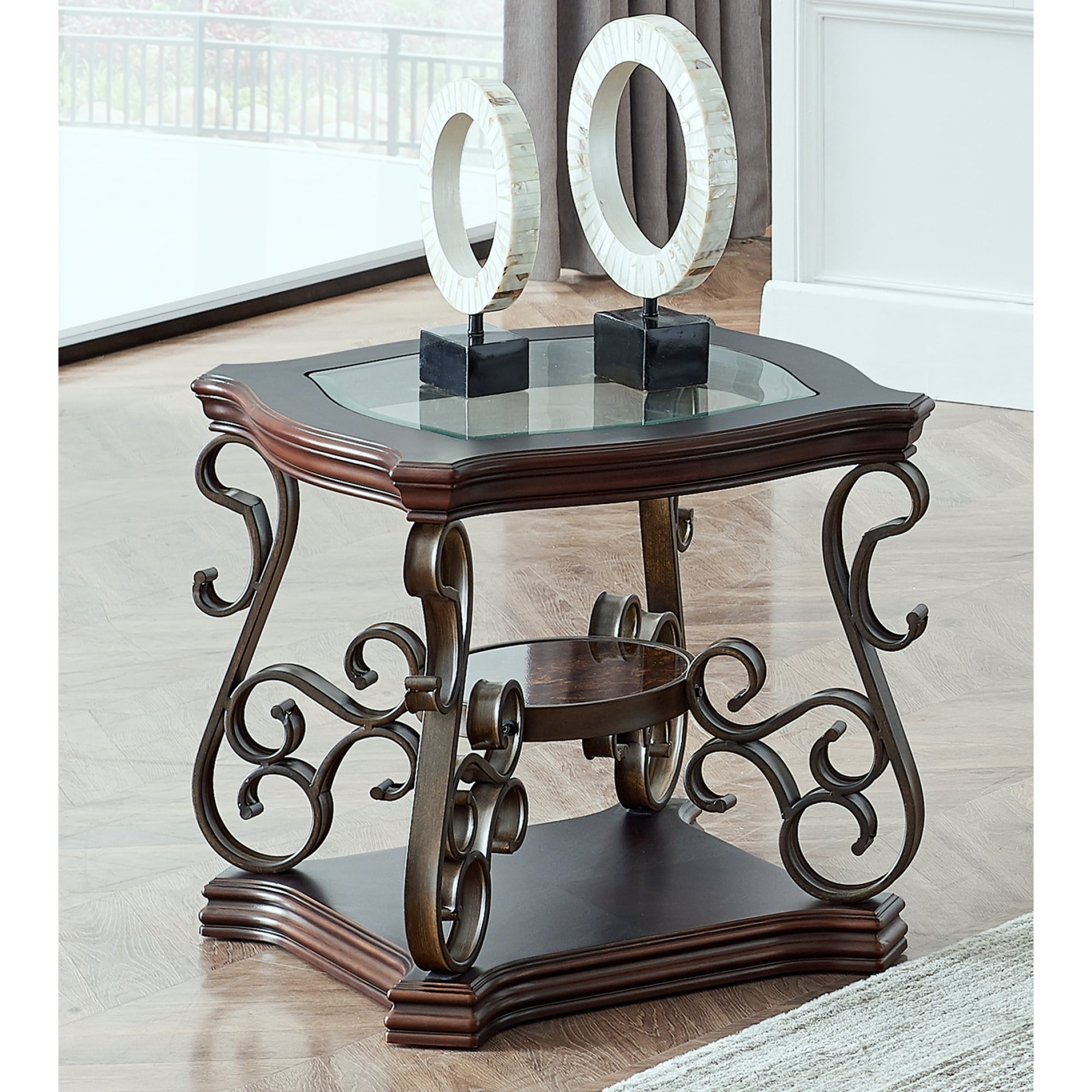 Roomfitters Modern End Table with Glass Top, Faux Marble MDF Shelf and Metal Legs, Accent Side Table for Living Room, White