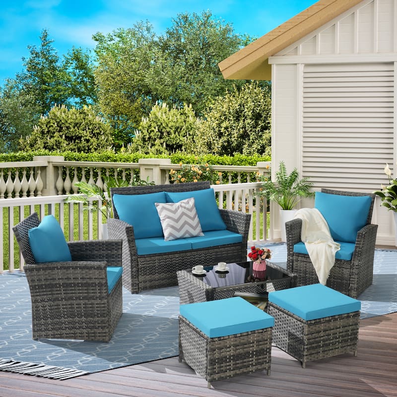 6-Piece Outdoor Patio Rattan Sectional Sofa Set with Glass Table