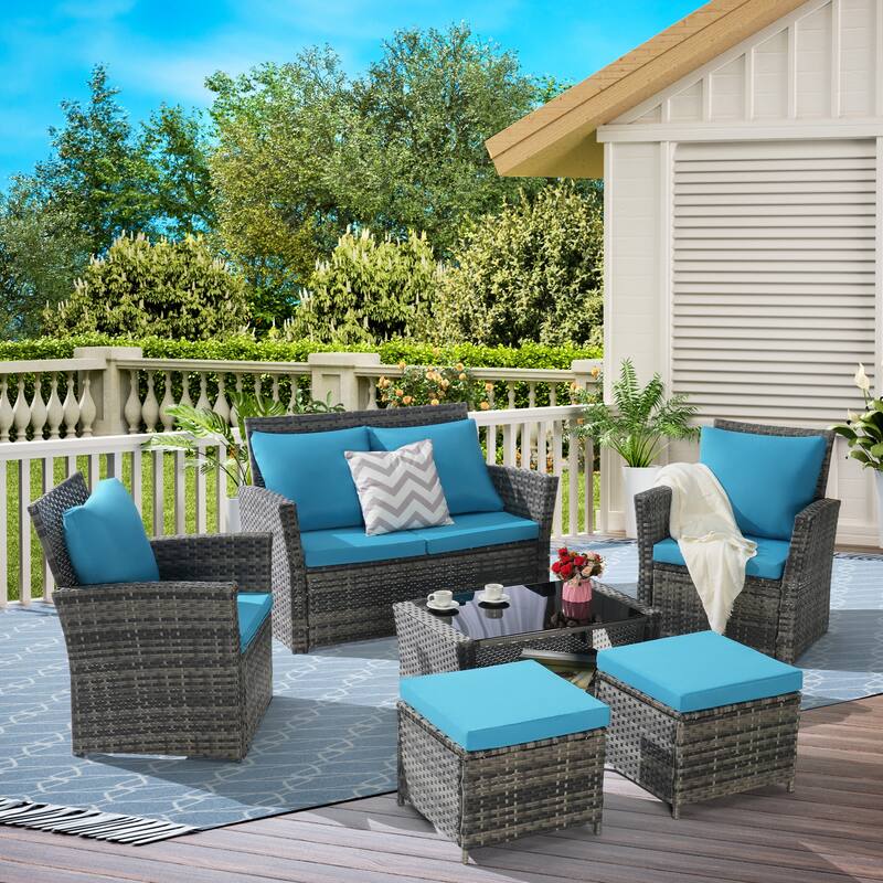6 Pieces Patio Conversation Furniture Sets, All Weather Wicker Sectional Sofa with Glass Coffee Table and 2 Ottomans