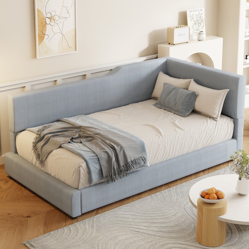 L-Shaped Backrest Bed Frame, Corduroy Upholstered Daybed, Wood Low Profile Panel Bed for Bedroom