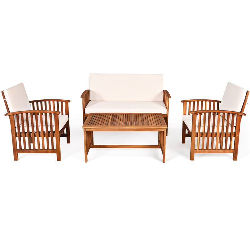 Costway 4PCS Patio Solid Wood Furniture Set Conversation Coffee Table - 4-Piece Sets