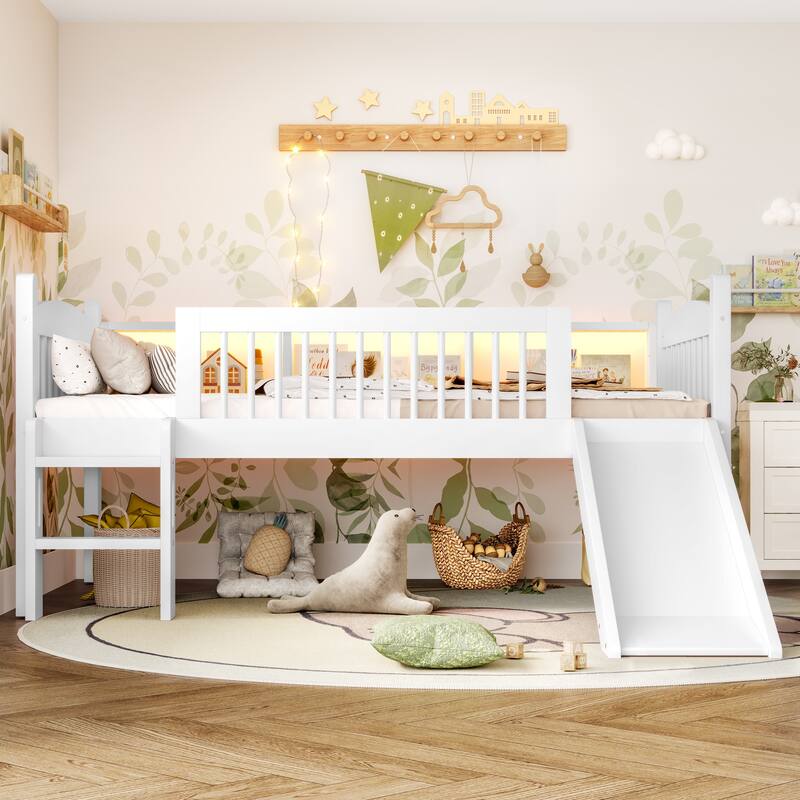 Roomfitters Twin XL Low Loft Bed with Storage Shelves and LED Lights, Solid Wood Frame