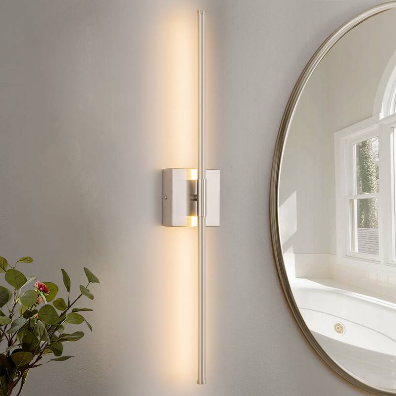 1-Light Modern Linear Aluminum Dimmable Integrated LED 3000K Warm Light Bathroom Vanity Lights for Mirror - Square Backplate - Nickel