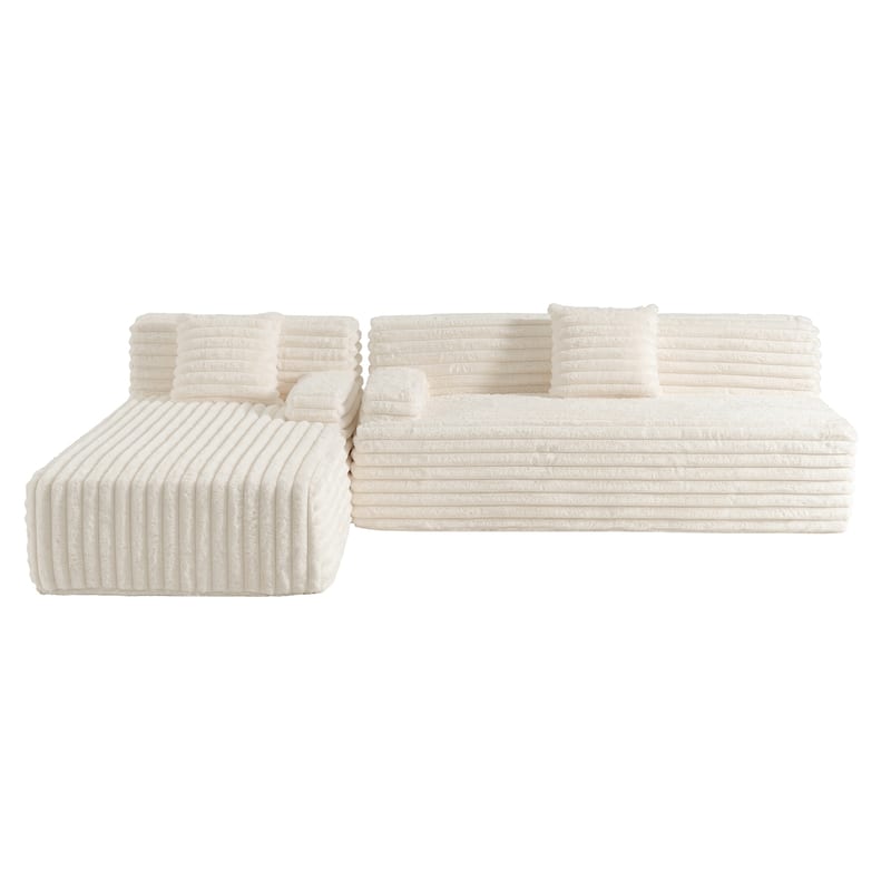 110" Faux Fur Cloud 3-Seater sat L-Shaped Sectional Sofa with Two Included Throw Pillows