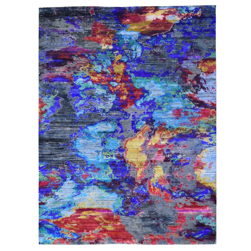 Shahbanu Rugs Navy Blue Sari Silk with Galaxy Abstract Design Hand Knotted Oriental Rug (9'0" x 11'10") - 9'0" x 11'10"