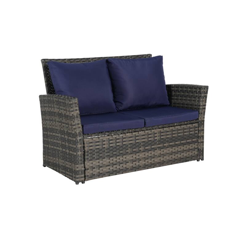 4 Piece Outdoor Rattan Conversation Furniture Sets, All Weather Patio Wicker Chair Set with Tempered Glass Coffee Table
