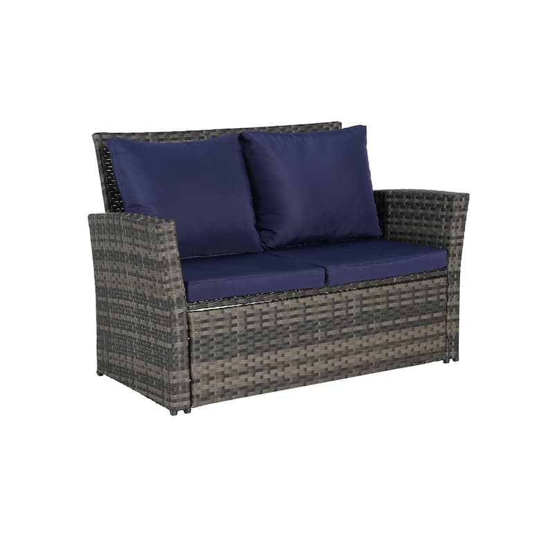 4-Piece PE Rattan Patio Furniture Set with Cushions and Tempered Glass Coffee Table, Outdoor Wicker Chairs and Loveseat