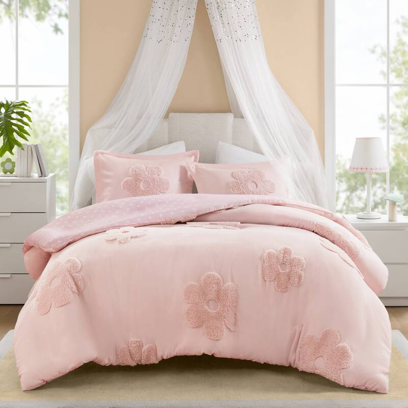 Intelligent Design Kids Gracie Floral Reversible Tufted Chenille Duvet Cover Set - Pink - Queen