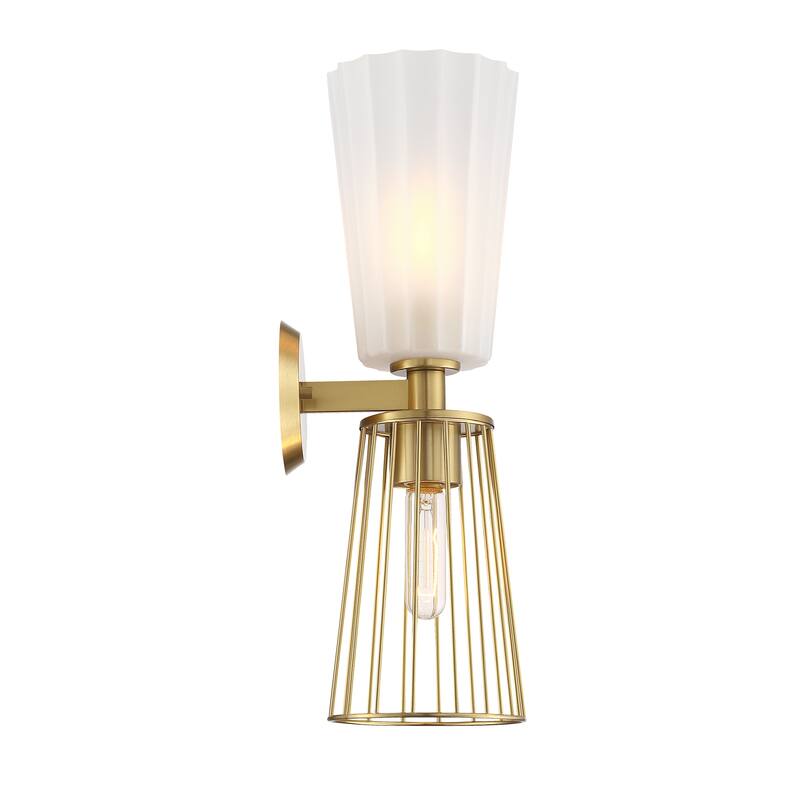 Liana 6 in. 2-Light Brushed Gold Wall Sconce Light with a Combination of Etched Glass and Wire Cage Shades for Bathrooms