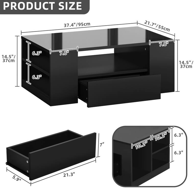 Moasis LED High Gloss Coffee Table with Open Side Shelf, Cocktail Table Center Table with 2 Drawers