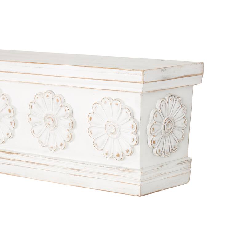 White Wooden Floral Room Wall Shelf with Brown Distressing