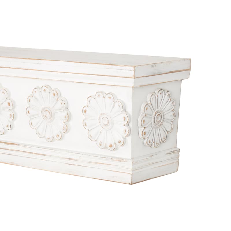 Wooden Floral Wall Shelf with Brown Distressing - White - Roche River Decor