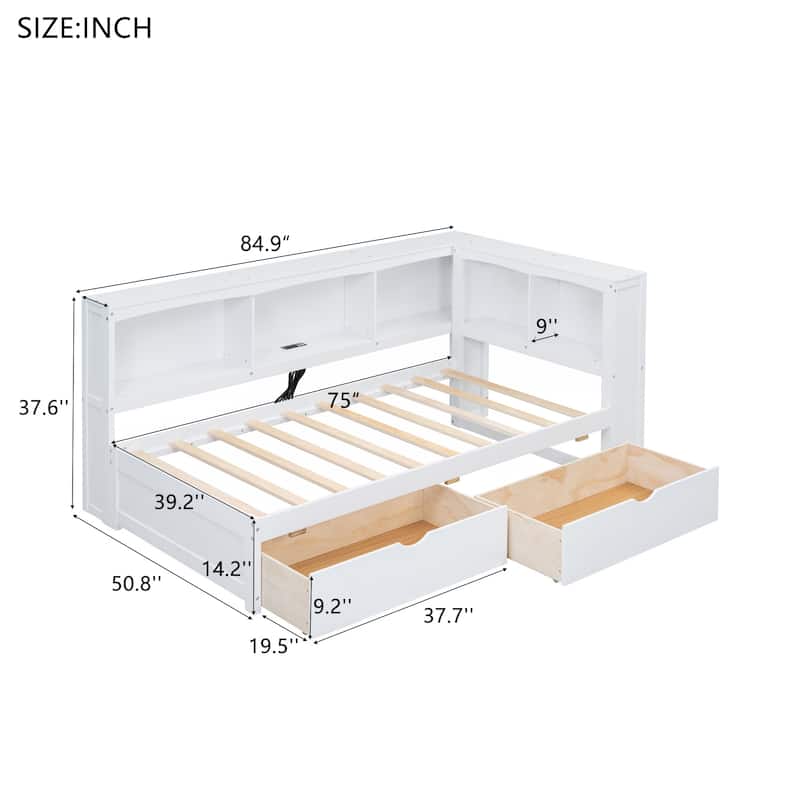 Twin Size Daybed with Storage Drawers, Side Cabinets and USB Ports, Wood Daybed Frame with Charging Station