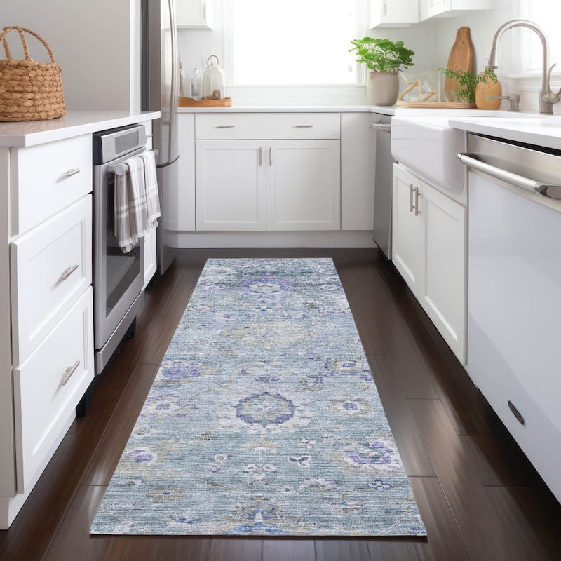 Machine Washable Indoor/ Outdoor Vintage Traditional Chantille Rug - Sky - 2'3" x 7'6"
